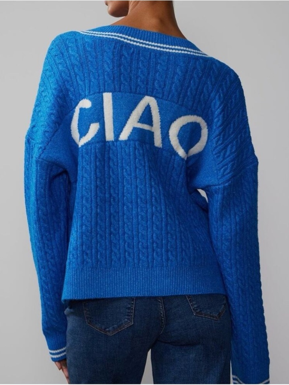 New York & Company V-Neck Cable Knit Graphic “CIAO” Sweater Blue Size Medium